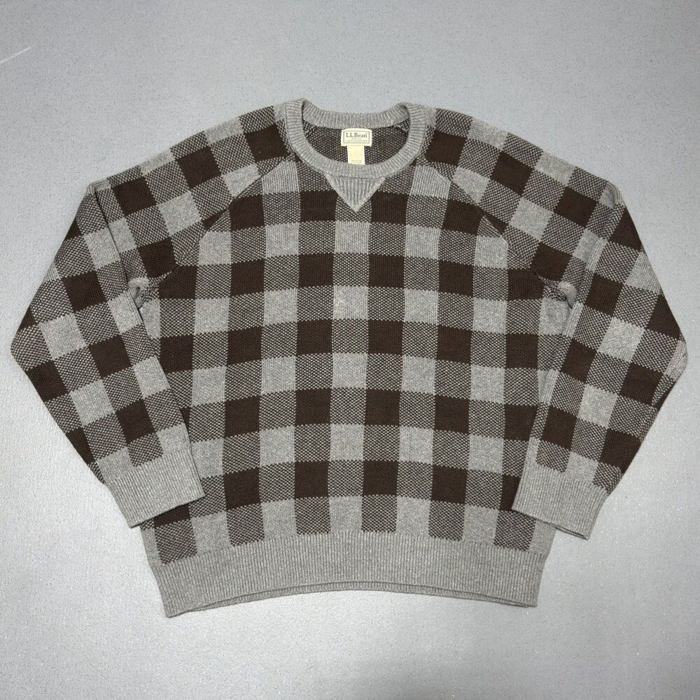 LL Bean Cotton Cashmere Sweater Mens Large Grey Brown Plaid Crewneck Soft
